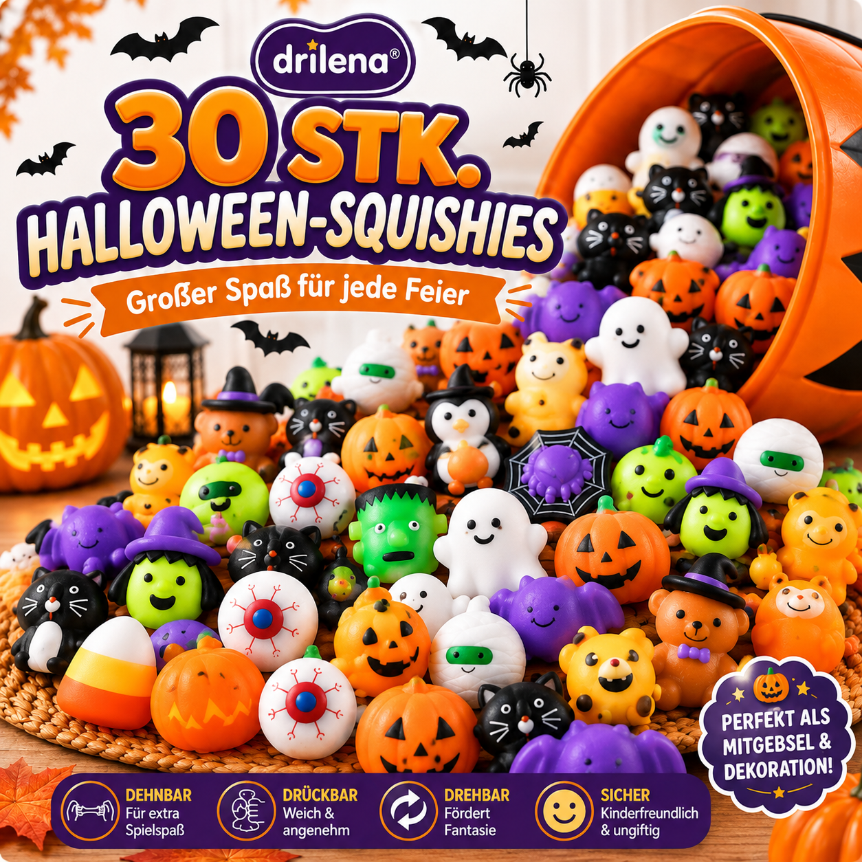 🆙🎃 30 STK. Halloween Mochi Squishy Spielzeug – Süße Sensorik-Spielzeuge als Party-Mitgebsel & Füllung für Geschenktüten ✨