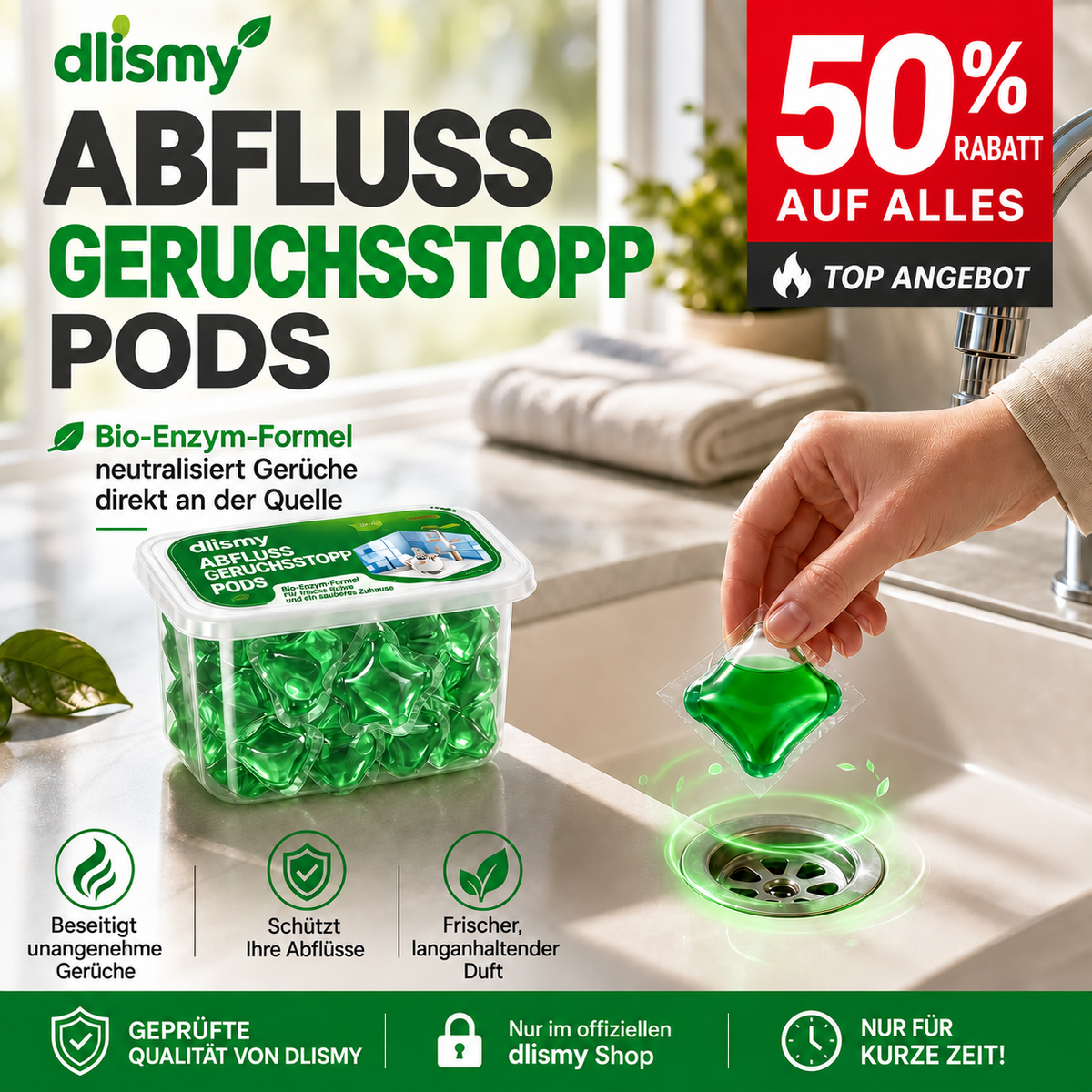 🥳 2026 HOT SALE 💞 50K+ VERKAUFT! 50 % RABATT – Abfluss-Geruchsstopp-Pods mit Bio-Enzym-Formel für frischen Duft. 🚰✅