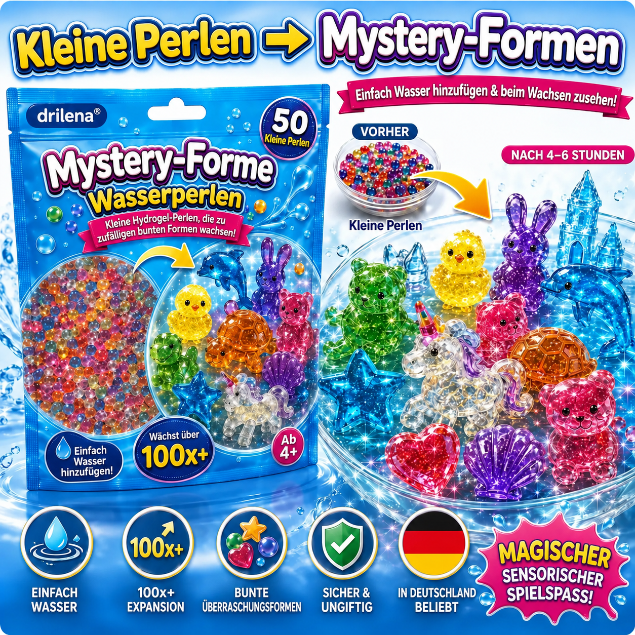 🆙drilena®  ✨ VIRALER SPIELZEUG-HIT 2026  • SIEH ZU, WIE DIE MAGIE ENTSTEHT  Kleine Perlen, faszinierende Formen  Einfach Wasser hinzufügen & die Verwandlung erleben